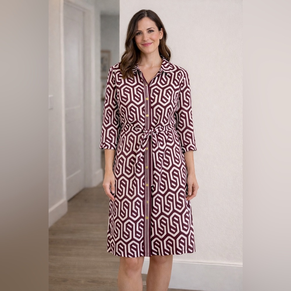 Talbots Geometric Print Long Sleeve Shirt Dress - Burgundy & White